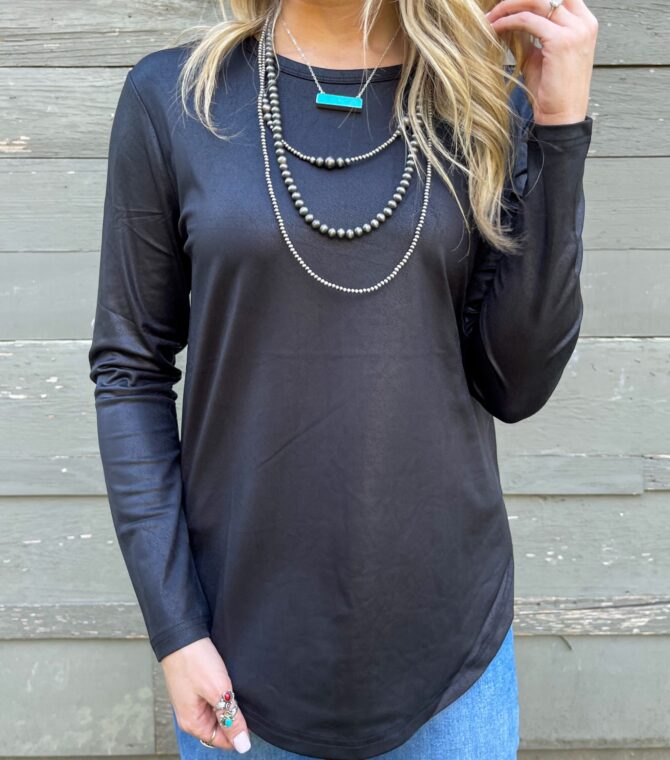 shopatmuse Swanky Faux Leather Long Sleeve Top – Midnight Black Elegant Night-Out Style