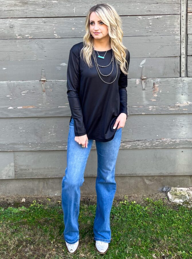 shopatmuse Swanky Faux Leather Long Sleeve Top – Midnight Black Elegant Night-Out Style