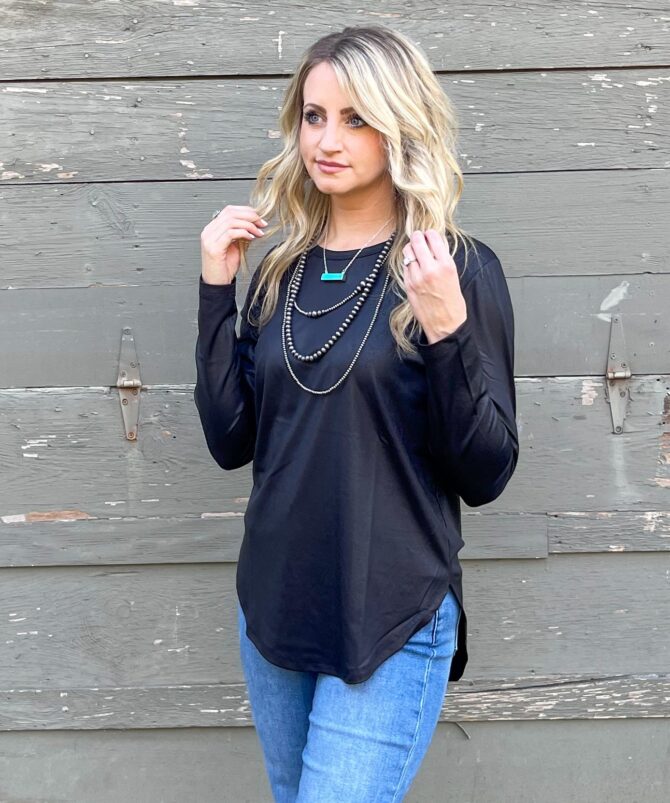 shopatmuse Swanky Faux Leather Long Sleeve Top – Midnight Black Elegant Night-Out Style