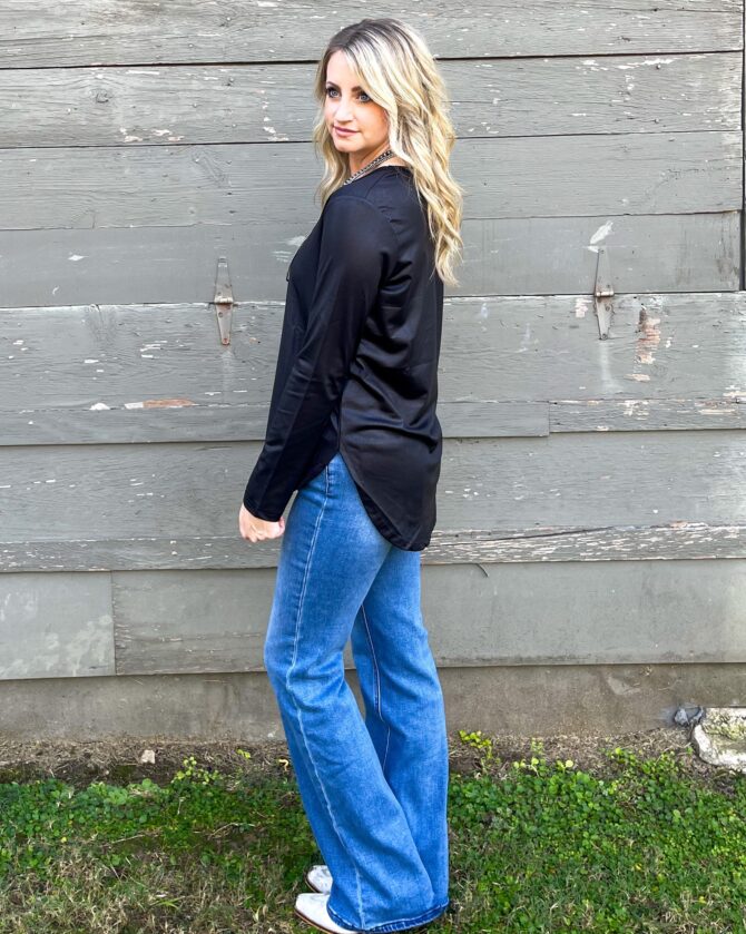 shopatmuse Swanky Faux Leather Long Sleeve Top – Midnight Black Elegant Night-Out Style