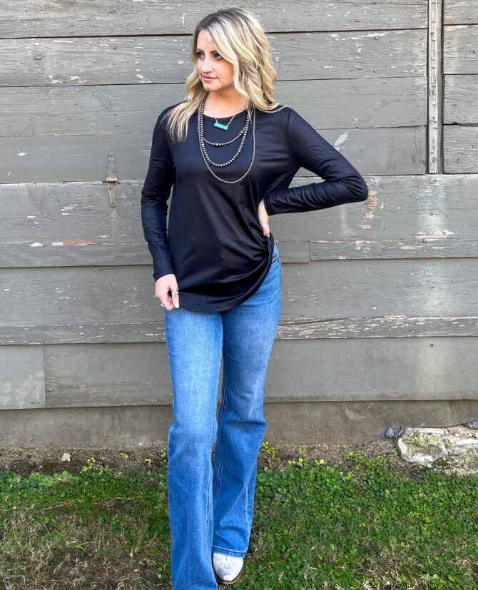 shopatmuse Swanky Faux Leather Long Sleeve Top – Midnight Black Elegant Night-Out Style